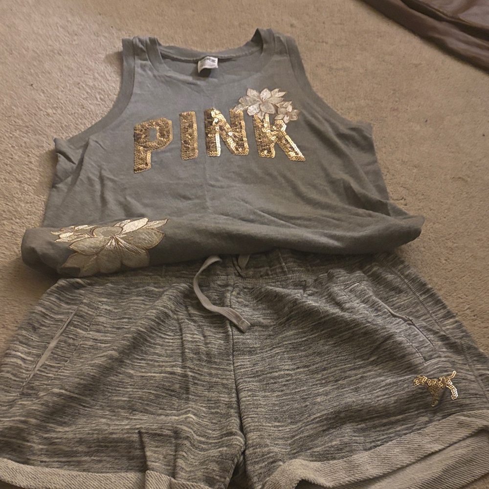 PINK Victoria's Secret Gray Lounge Set with Gold Floral Design